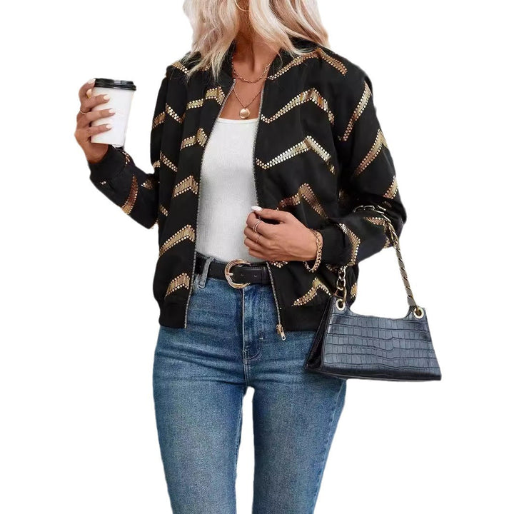 Ladies nan bomber jacket with sequin chevron pattern, ribbed cuffs, and visible zipper Mune Fashion