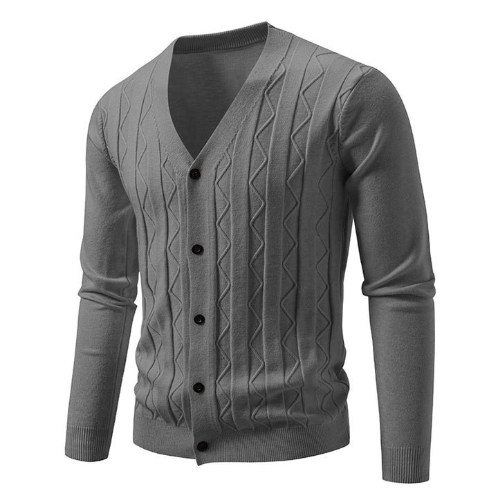 Men's V neck cardigan with subtle cable knit texture and continuous button placket Mune Fashion