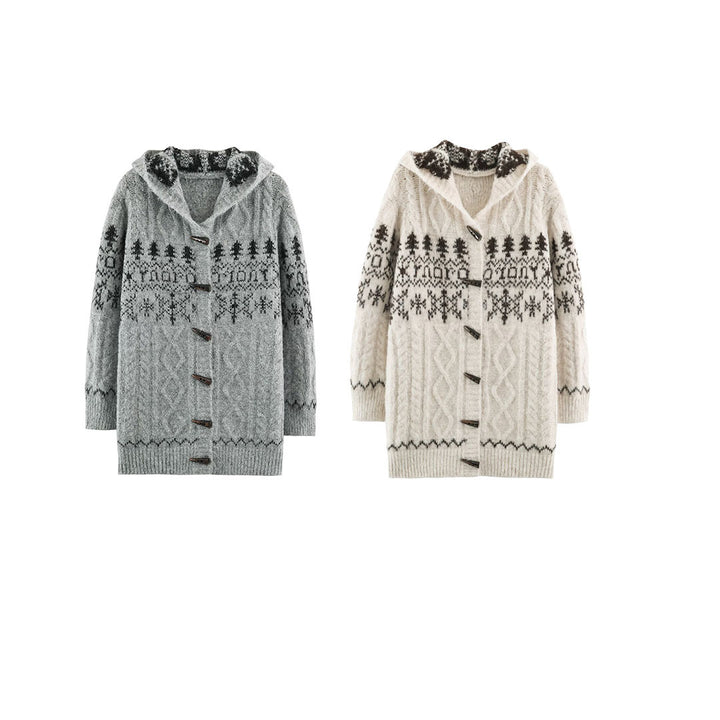 Women's Coarse Knit Hooded Cardigan with Horn Buttons and Norwegian Pattern Mune Fashion