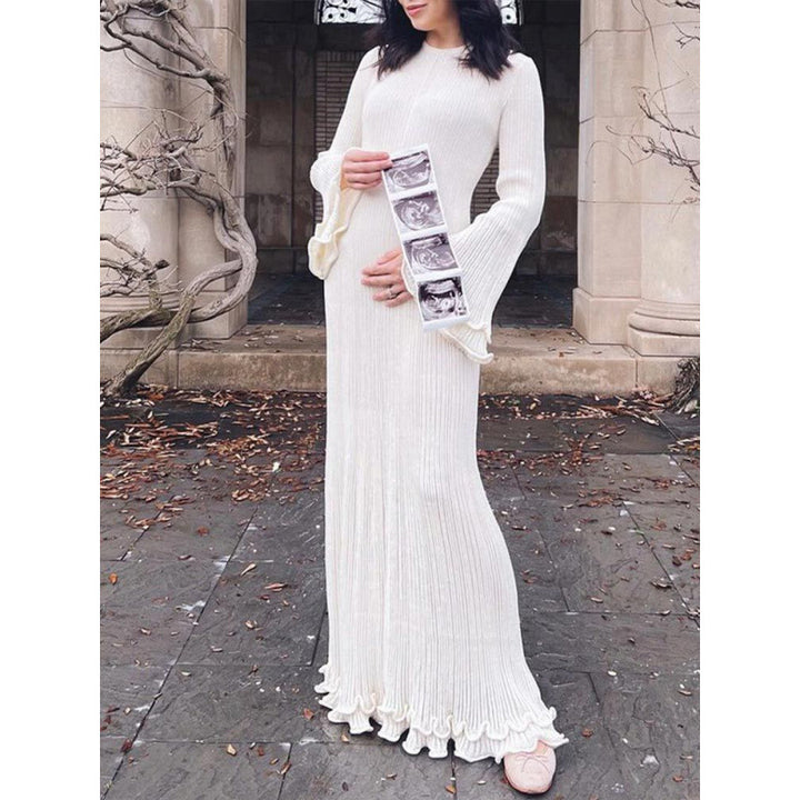 Women's Ribbed Maxi Dress with Long Sleeves, Ruffle Cuffs and Ruffle Hem Mune Fashion