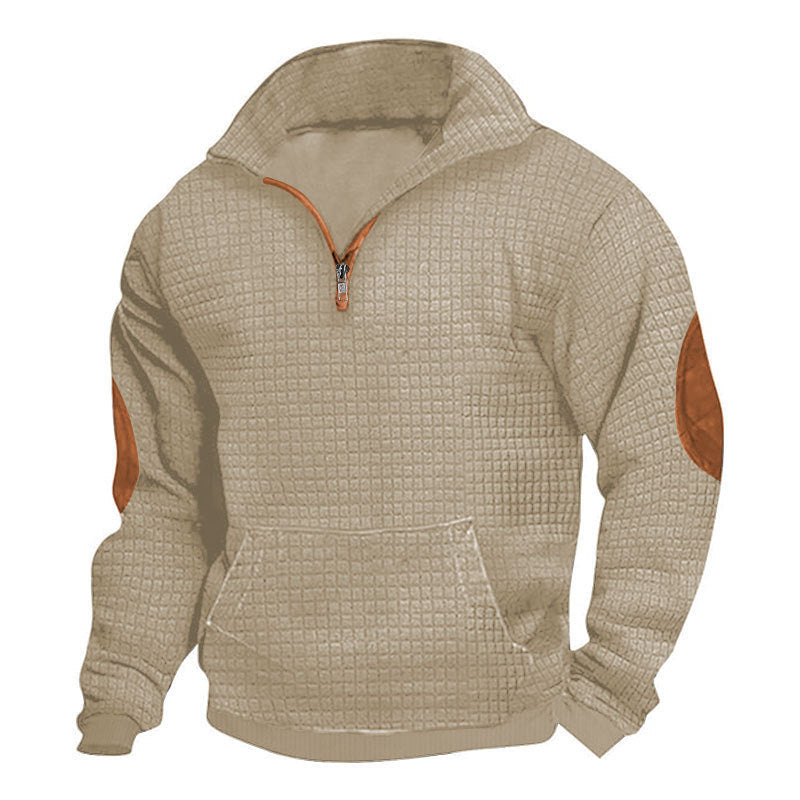 Men's thermo-regulating waffle knit half-zip pullover with kangaroo pocket and faux leather elbow patches Mune Fashion