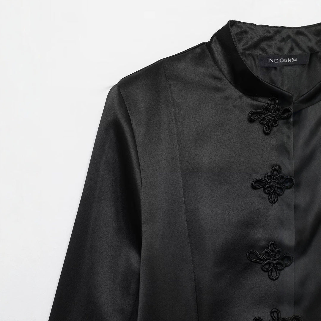 Women's satin blazer jacket with mandarin collar and decorative frog buttons Drune