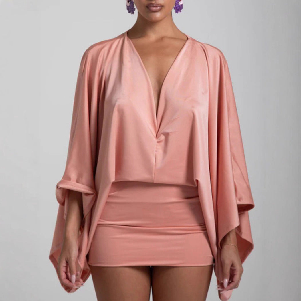 Women nan cape mini dress with deep V-neck, batwing sleeves and tailored mini skirt Mune Fashion