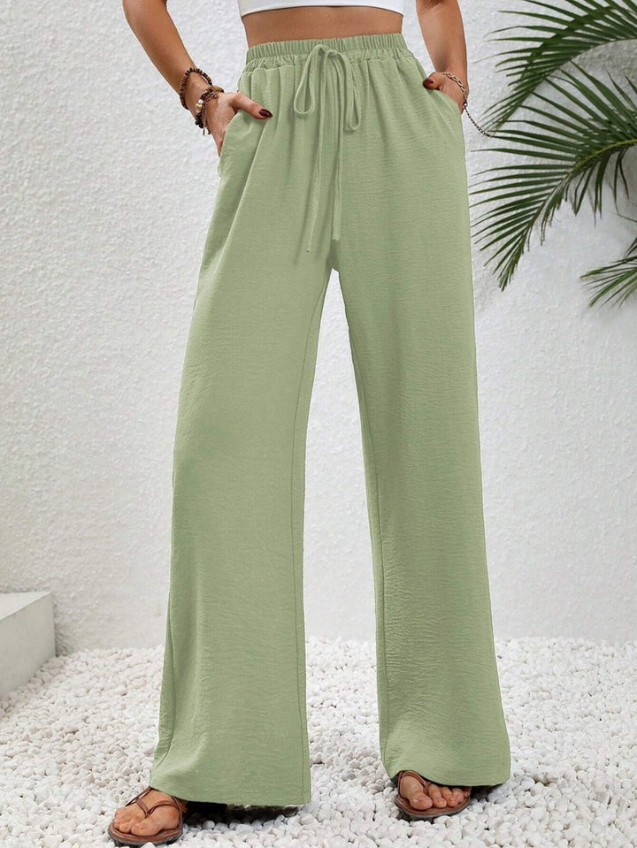 Women's Light Palazzo Pants with Elastic Waistband, Drawstring, and Side Pockets Mune Fashion