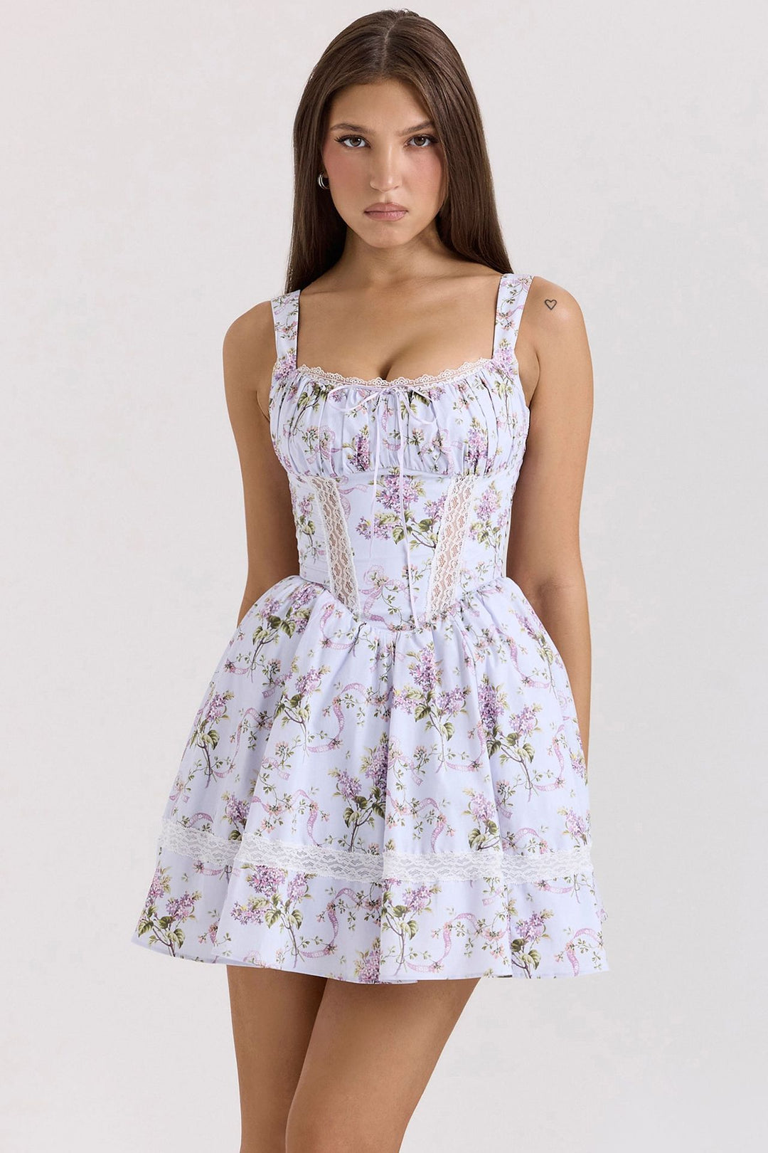 Ladies' nan corset mini dress with lace insert, gathered neckline, and tailored bodice construction Mune Fashion