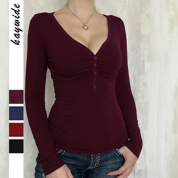 Women's tailored long-sleeve shirt with gathered button placket and deep V-neck Mune Fashion