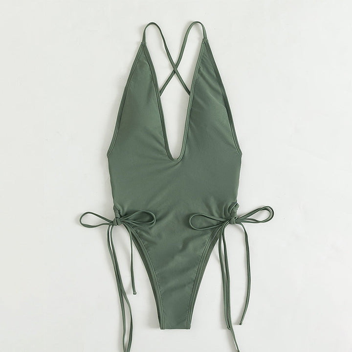 Women's One-Piece Swimsuit with Deep V-Neck and Adjustable Lace-Up Details Mune Fashion