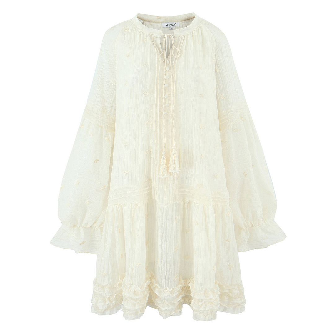 Women Voluminous Boho Mini Dress with Ruffles, Trumpet Sleeves and Tassel Band Mune Fashion