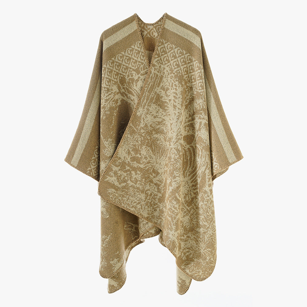 Women's Luxurious Jacquard Pattern Poncho with Asymmetrical Pointed Hem
