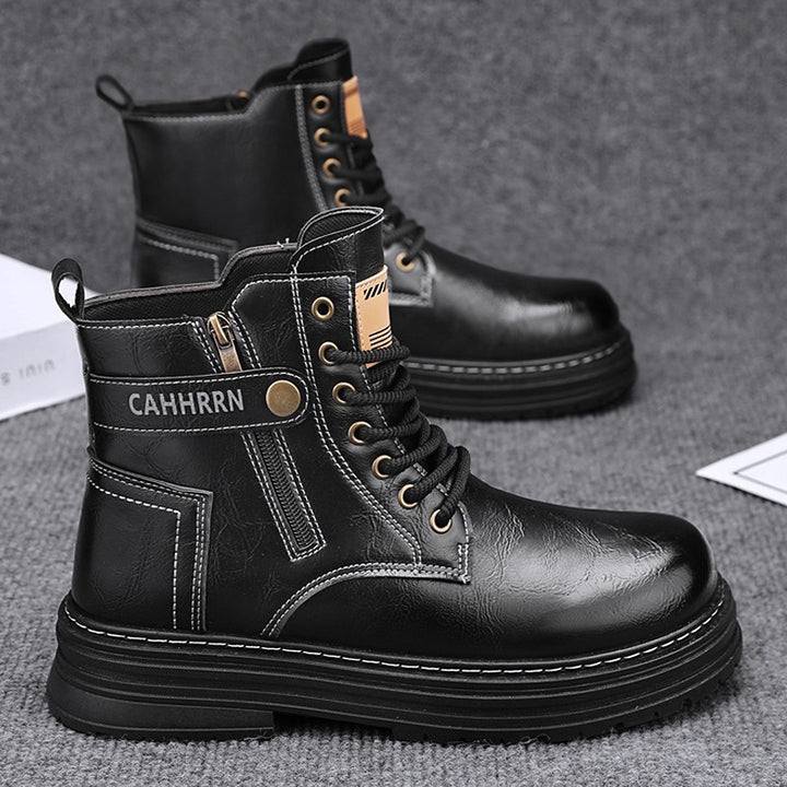 Men's robust leather look combat boots with side zipper and padded platform sole Mune Fashion