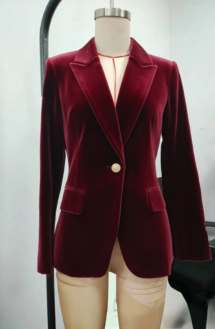 Women's Tailored Velvet Blazer with Notched Lapels and Decorative Buttons Drune