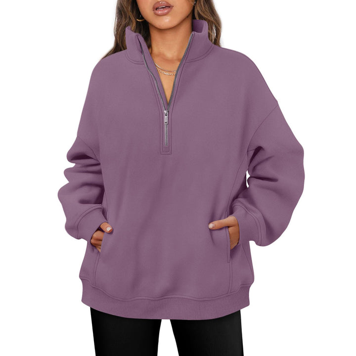 Women's oversized half-zip pullover with stand-up collar, kangaroo pocket and ribbed cuffs Mune Fashion