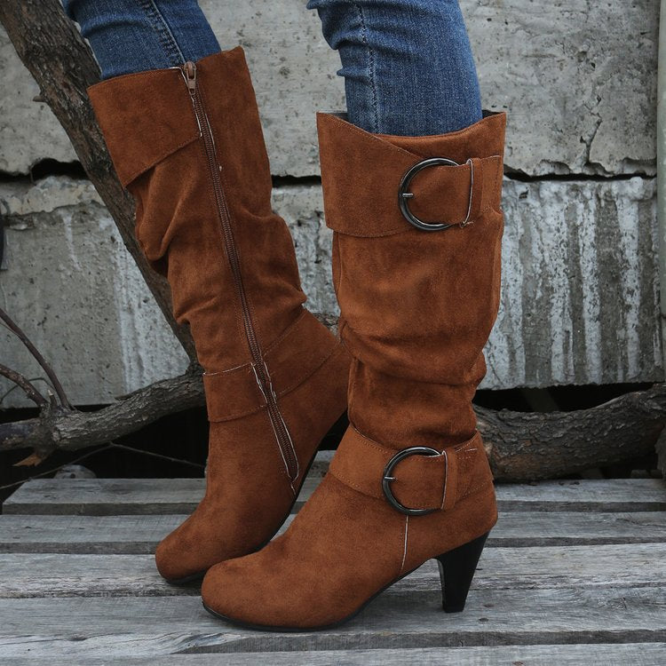 Women’s boots with soft faux suede, slip-on shaft and decorative buckles Mune Fashion