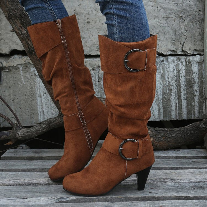 Women’s boots with soft faux suede, slip-on shaft and decorative buckles Mune Fashion