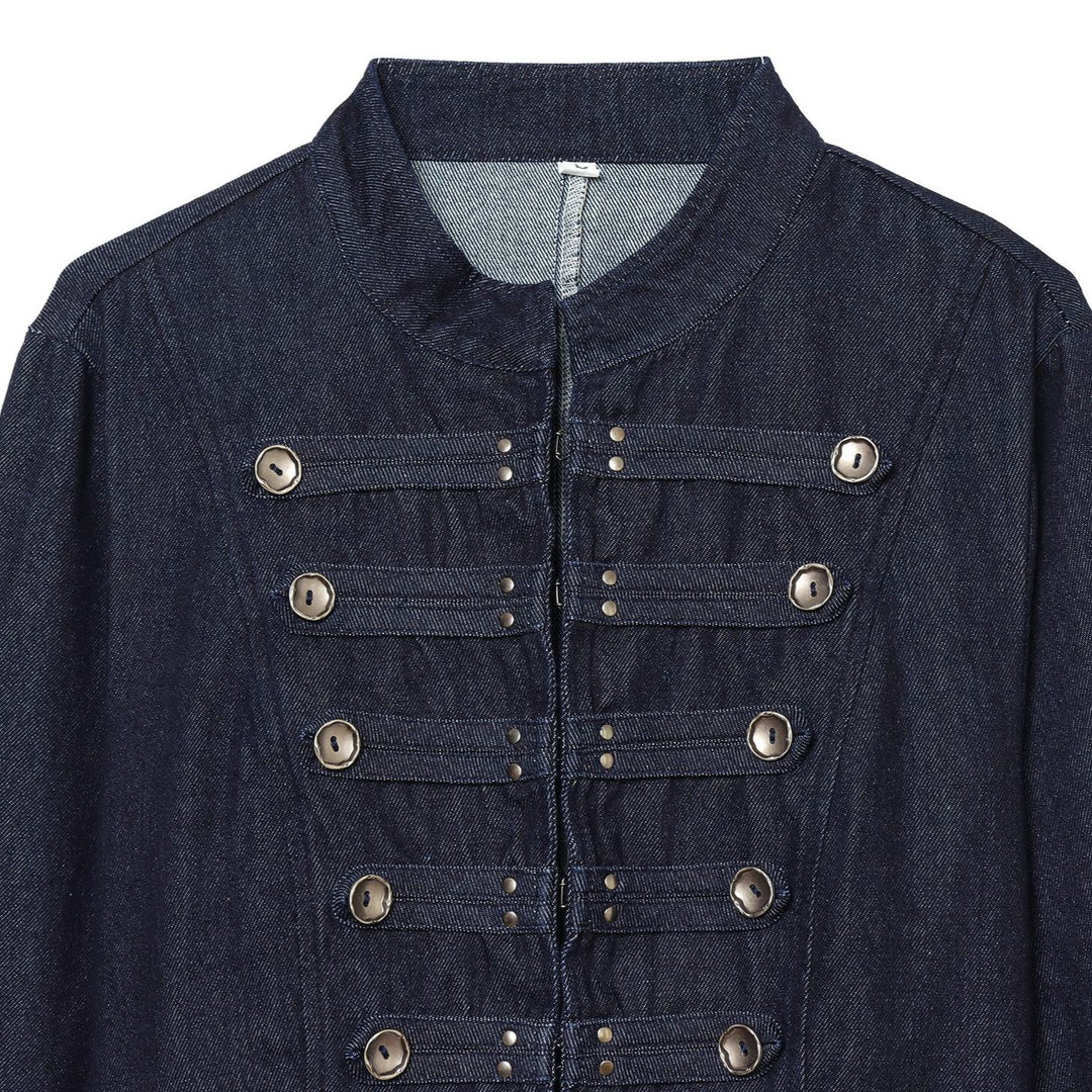 Women's Cropped Denim Military Jacket with Stand Collar and Decorative Button Placket Mune Fashion