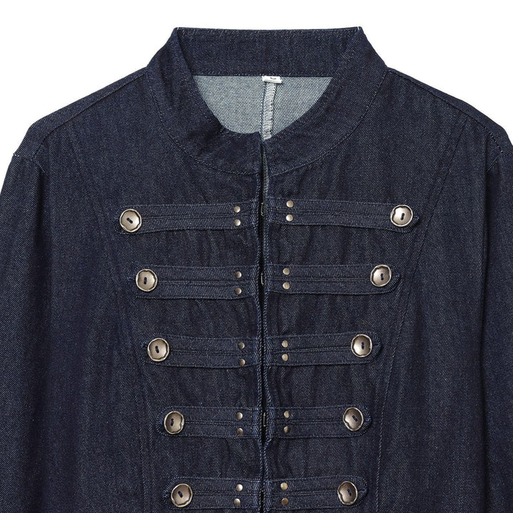 Women's Cropped Denim Military Jacket with Stand Collar and Decorative Button Placket Mune Fashion