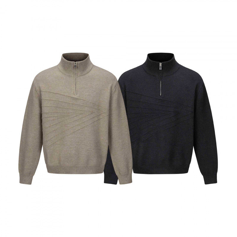 Unisex fine knit half-zip sweater with standing collar and diagonal structure Mune Fashion