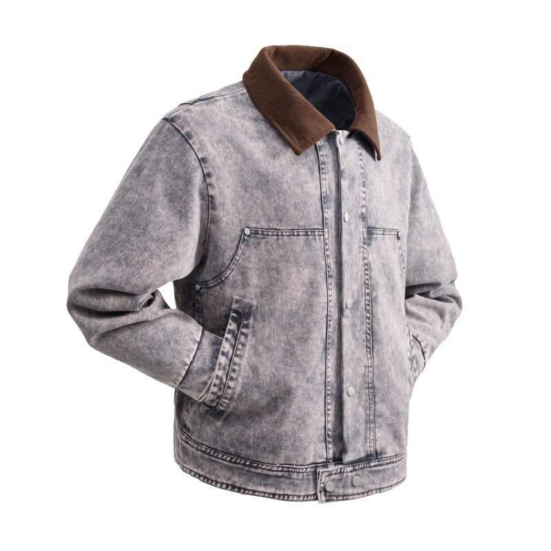 Men's padded denim jacket with cord collar, snap button placket, and practical side pockets Mune Fashion