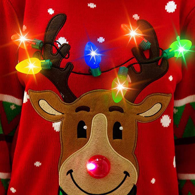 Women's Christmas sweater with reindeer appliqué, integrated light string, and three-dimensional nose pom-pom Mune Fashion