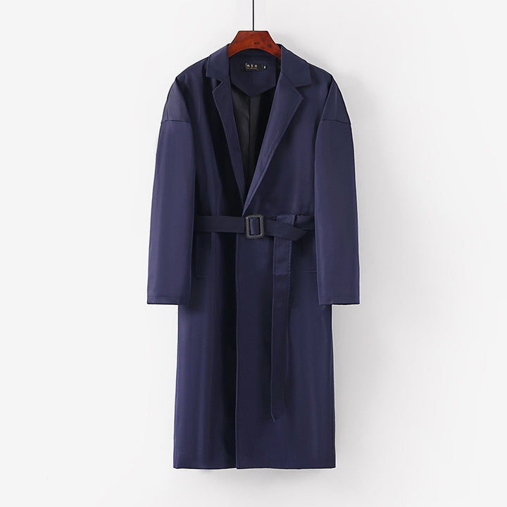 Women's Longline Trench Coat with Waist Belt and Dropped Lapel Mune Fashion