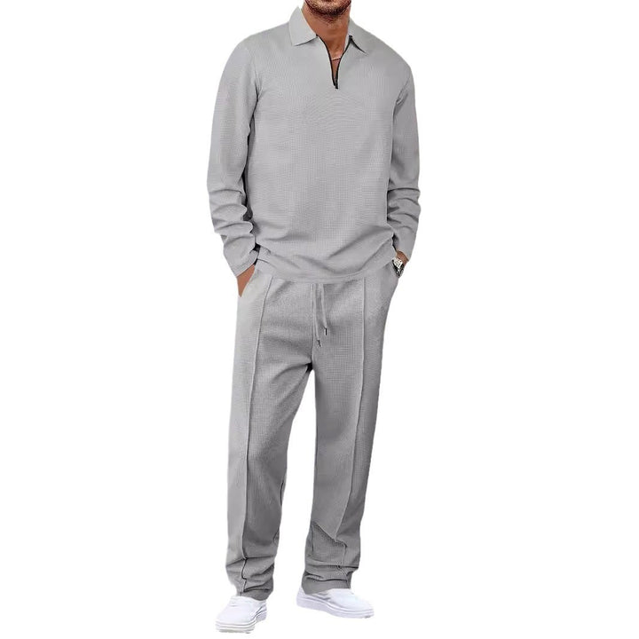 Unisex Nan Waffle Structure Leisure Set with Half-Zip Polo Shirt and Elastic Waist Pants Mune Fashion
