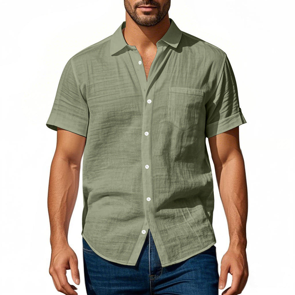 Men's short-sleeved casual shirt made of linen blend with chest pocket and rounded hem Mune Fashion