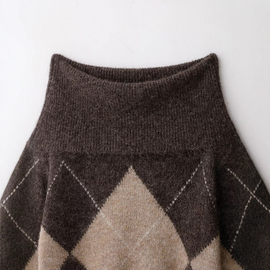 Women 40+ soft mohair blend sweater with wide turtleneck and argyle pattern Mune Fashion