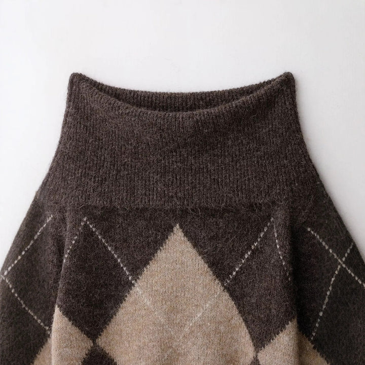 Women 40+ soft mohair blend sweater with wide turtleneck and argyle pattern Mune Fashion