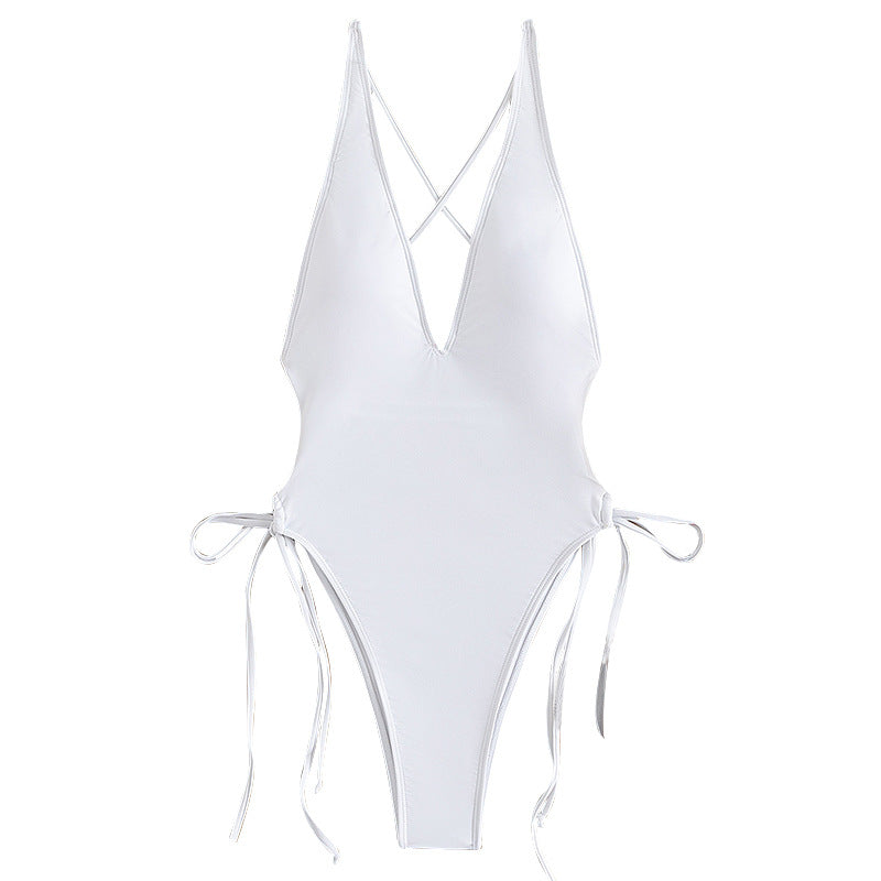 Women's One-Piece Swimsuit with Deep V-Neck and Adjustable Lace-Up Details Mune Fashion