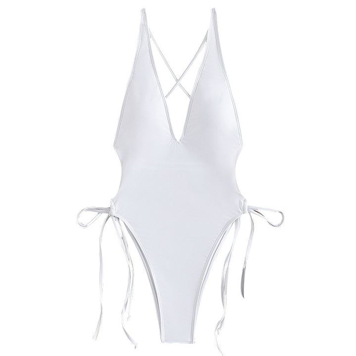 Women's One-Piece Swimsuit with Deep V-Neck and Adjustable Lace-Up Details Mune Fashion