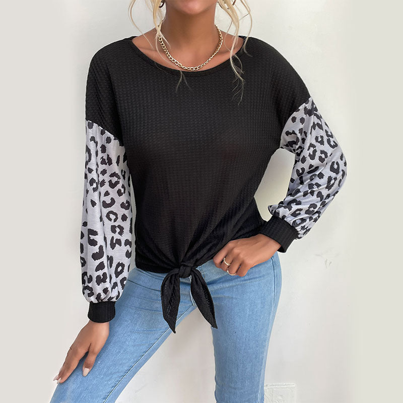 Ladies Casual Shirt with Waffle Structure, Leopard Sleeves and Knot Front Mune Fashion