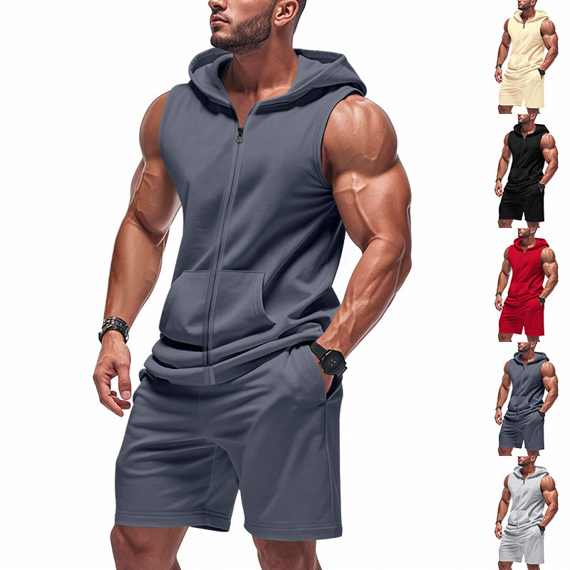 Men's sporty hoodie set with sleeveless sweatshirt, full zip, and training shorts Mune Fashion