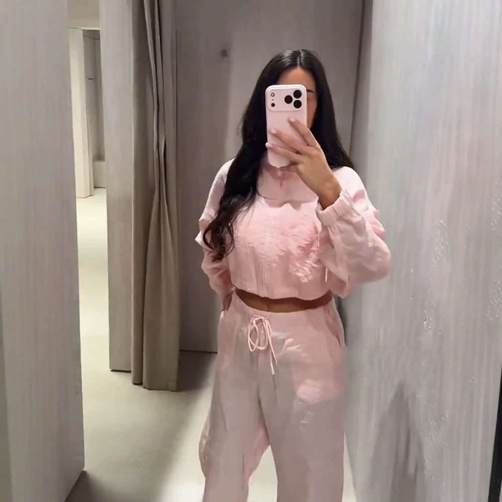 Women’s Casual Satin Tracksuit with Short Zipper Top & Wide Drawstring Pants Mune Fashion