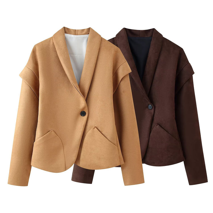 Ladies short blazer made of suede look with shawl collar and rounded hem Mune Fashion
