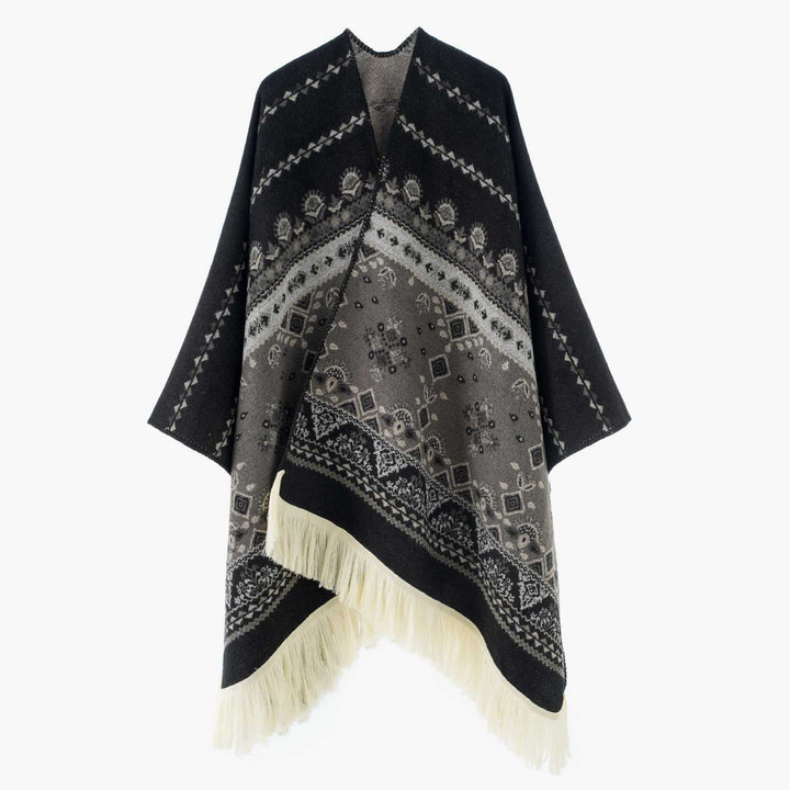 Ladies Jacquard Ruana with fringes and folk pattern Mune Fashion