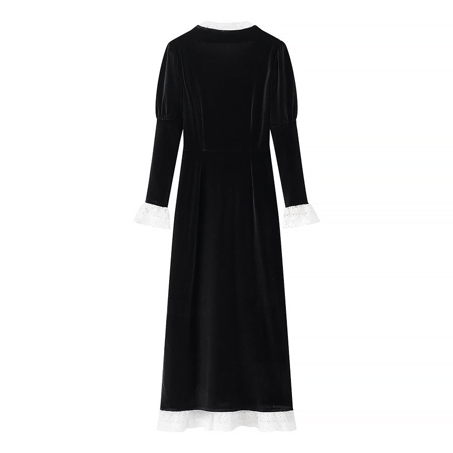 Women’s maxi dress made of velvet with square neckline, puff sleeves, and lace trim Mune Fashion