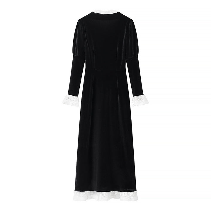 Women’s maxi dress made of velvet with square neckline, puff sleeves, and lace trim Mune Fashion