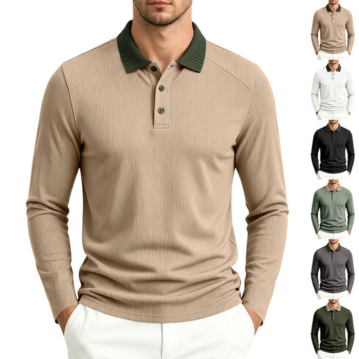 Men's long sleeve polo made of fine ribbed knit with contrast collar and button placket Mune Fashion