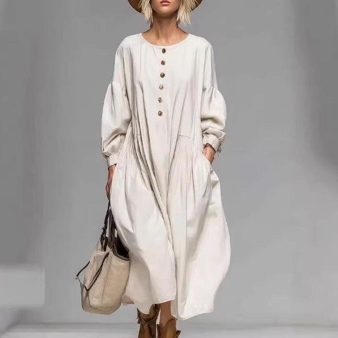 Women's Casual Midi Dress with Button Placket, Balloon Sleeves and Side Pockets Mune Fashion