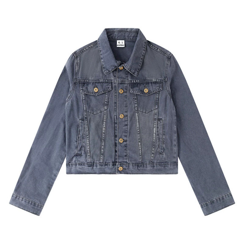 Women's Short Denim Jacket in Vintage Style with Button Placket, Chest Pockets and Fitted Cut Mune Fashion