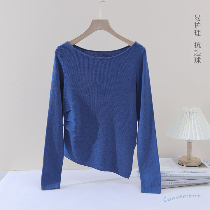 Women Fine Ribbed Knit Long Sleeve with Wide Boat Neck & Side Gathering Mune Fashion
