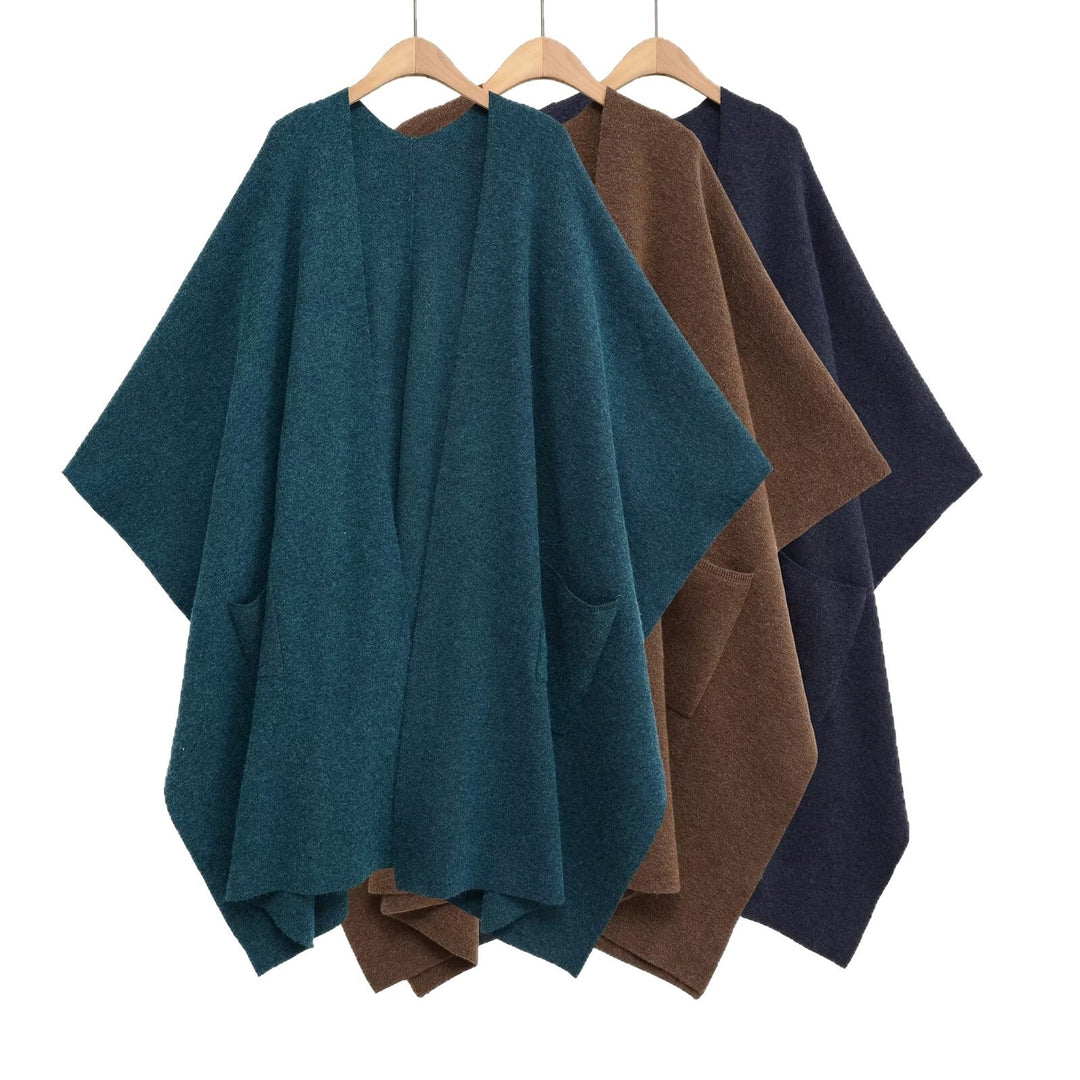 Women's Oversized Knit Poncho with Pockets and Asymmetric Hem Mune Fashion