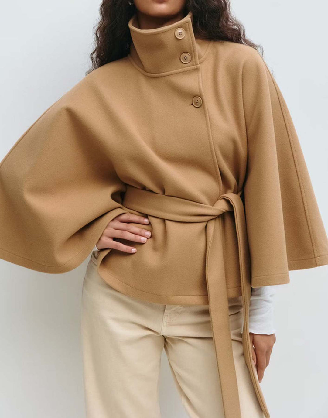 Women's Short Cape Coat with Stand-Up Collar, Oversized Sleeves and Tie Belt Mune Fashion