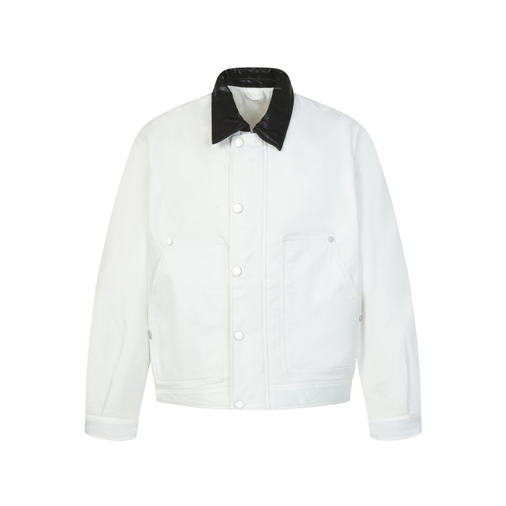 Unisex Short Boxy Quilted Blouson Jacket with Contrasting Leather-Look Collar Mune Fashion