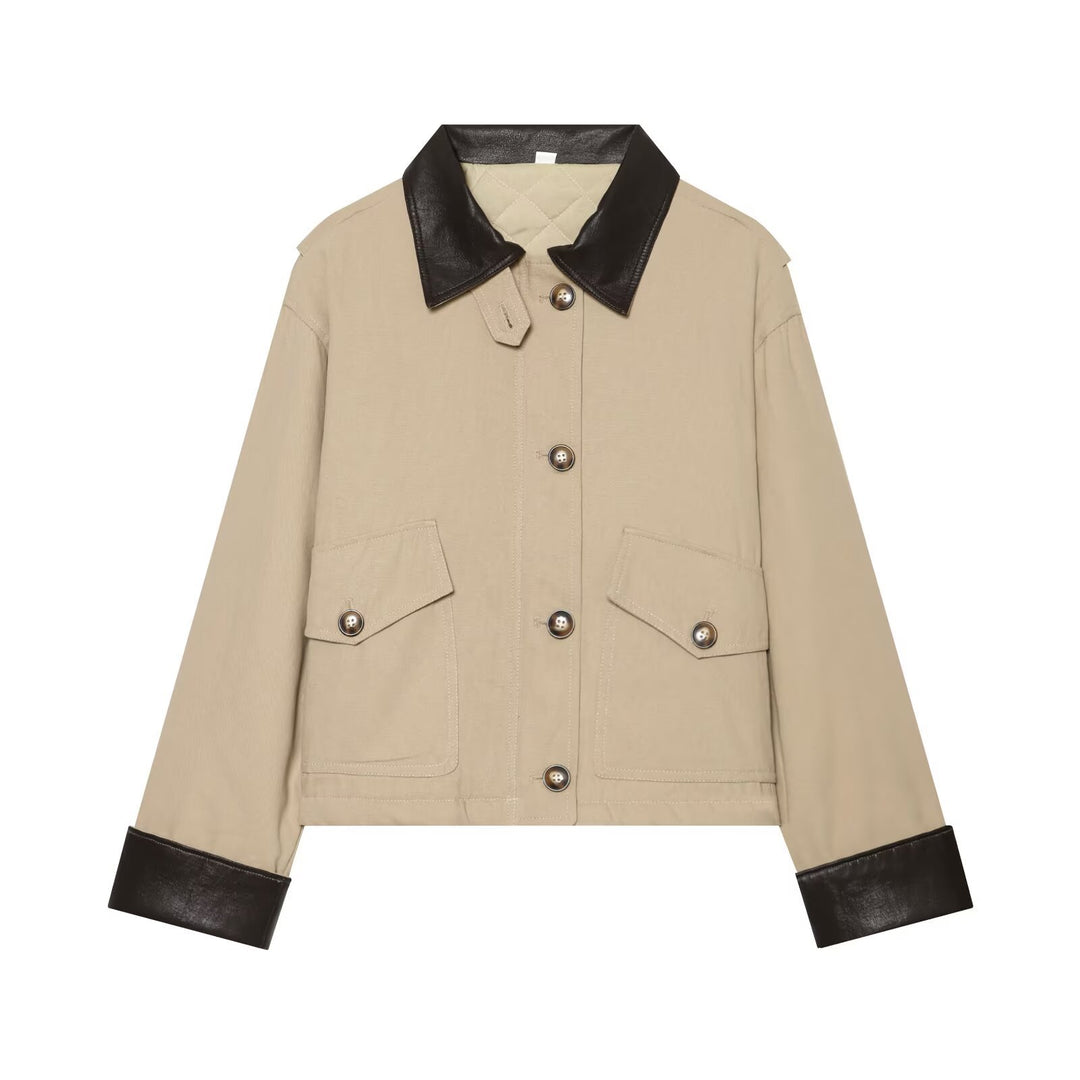 Women's Short Jacket with Contrasted Leather Collar and Cuffed Sleeves Mune Fashion
