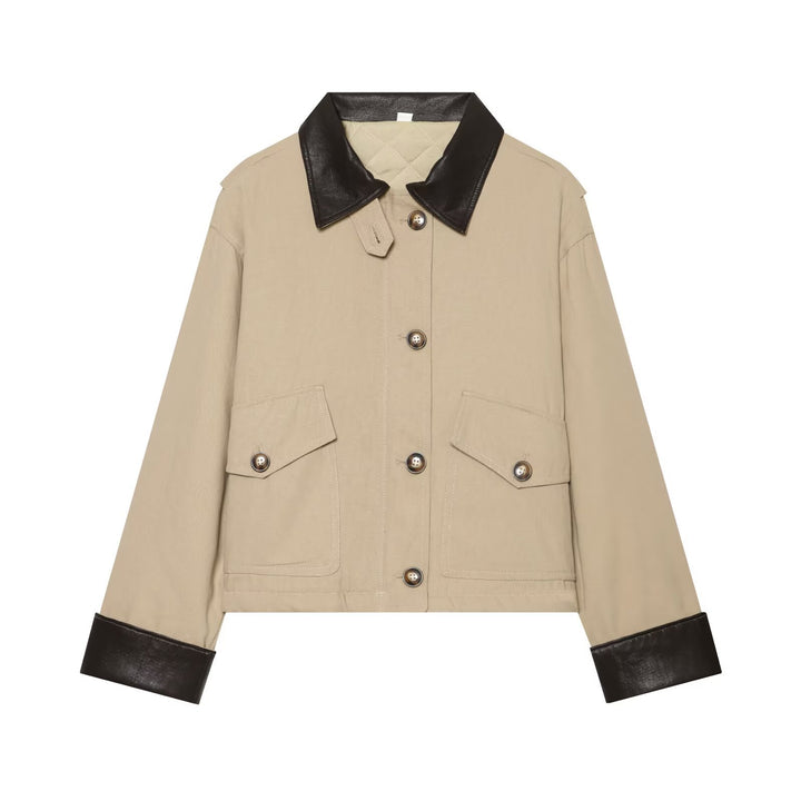 Women's Short Jacket with Contrasted Leather Collar and Cuffed Sleeves Mune Fashion
