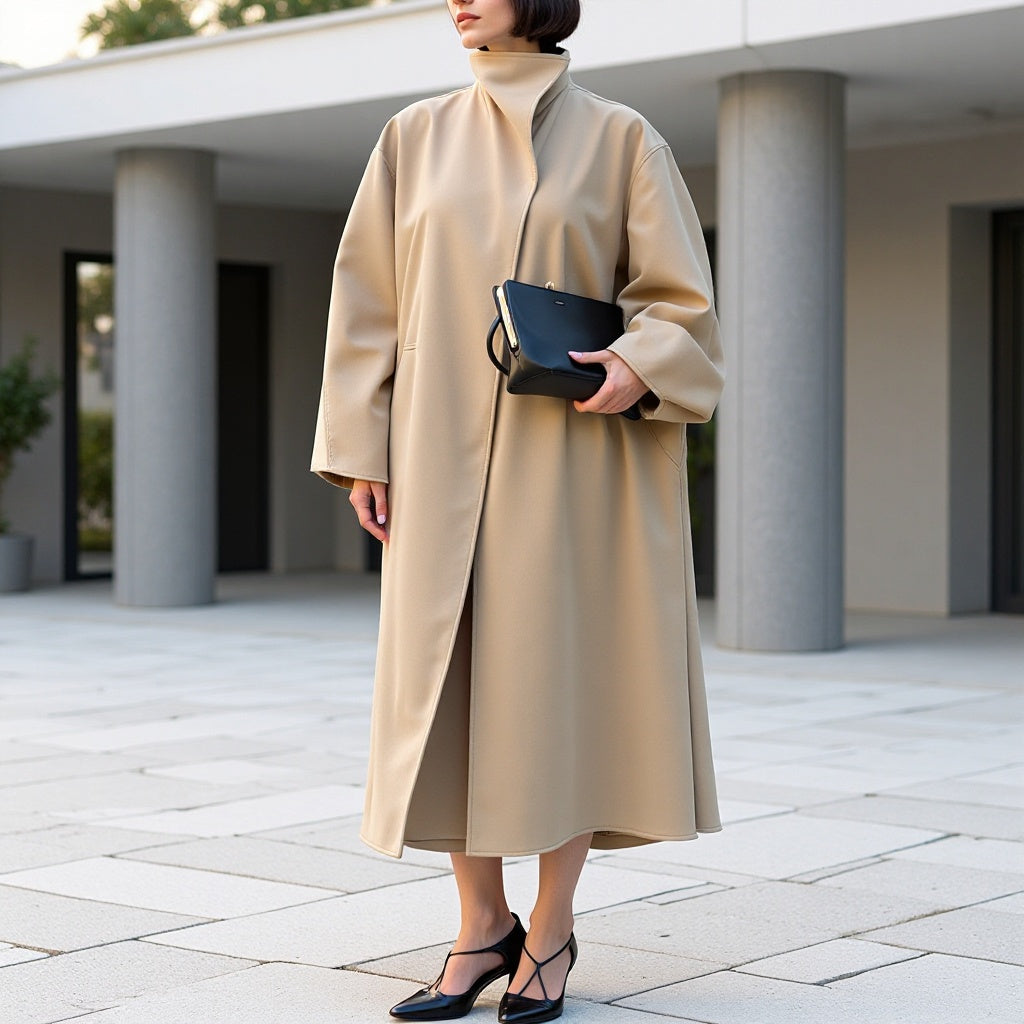 Ladies coat in minimalist midi cut with stand-up collar and concealed button placket Mune Fashion