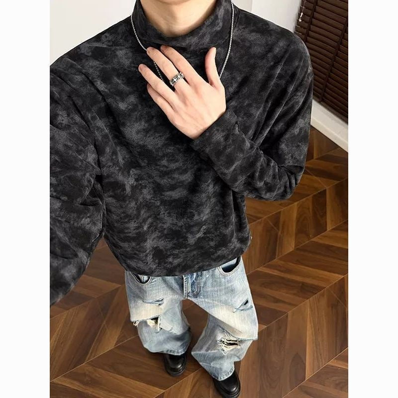 Men's Loose Stand Collar Sweatshirt with Subtle Marble Print Mune Fashion