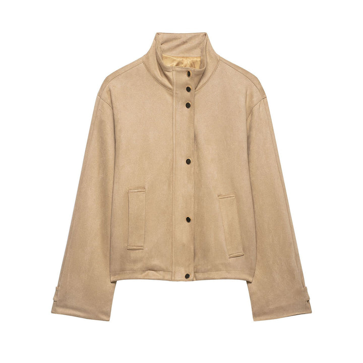 Ladies Short Boxy Jacket in Velour Look with Stand-Up Collar and Press Stud Placket Mune Fashion