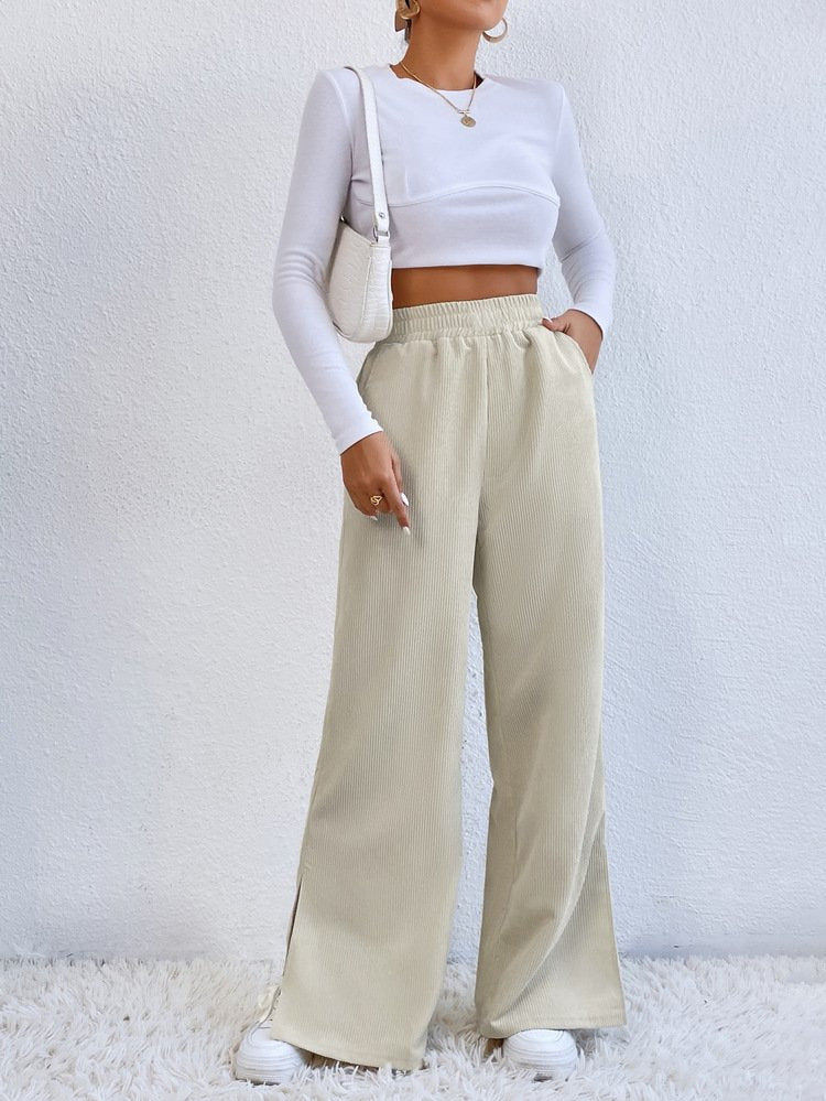 Women's Wide High-Waist Corduroy Lounge Pants with Elastic Waistband and Side Slits Drune